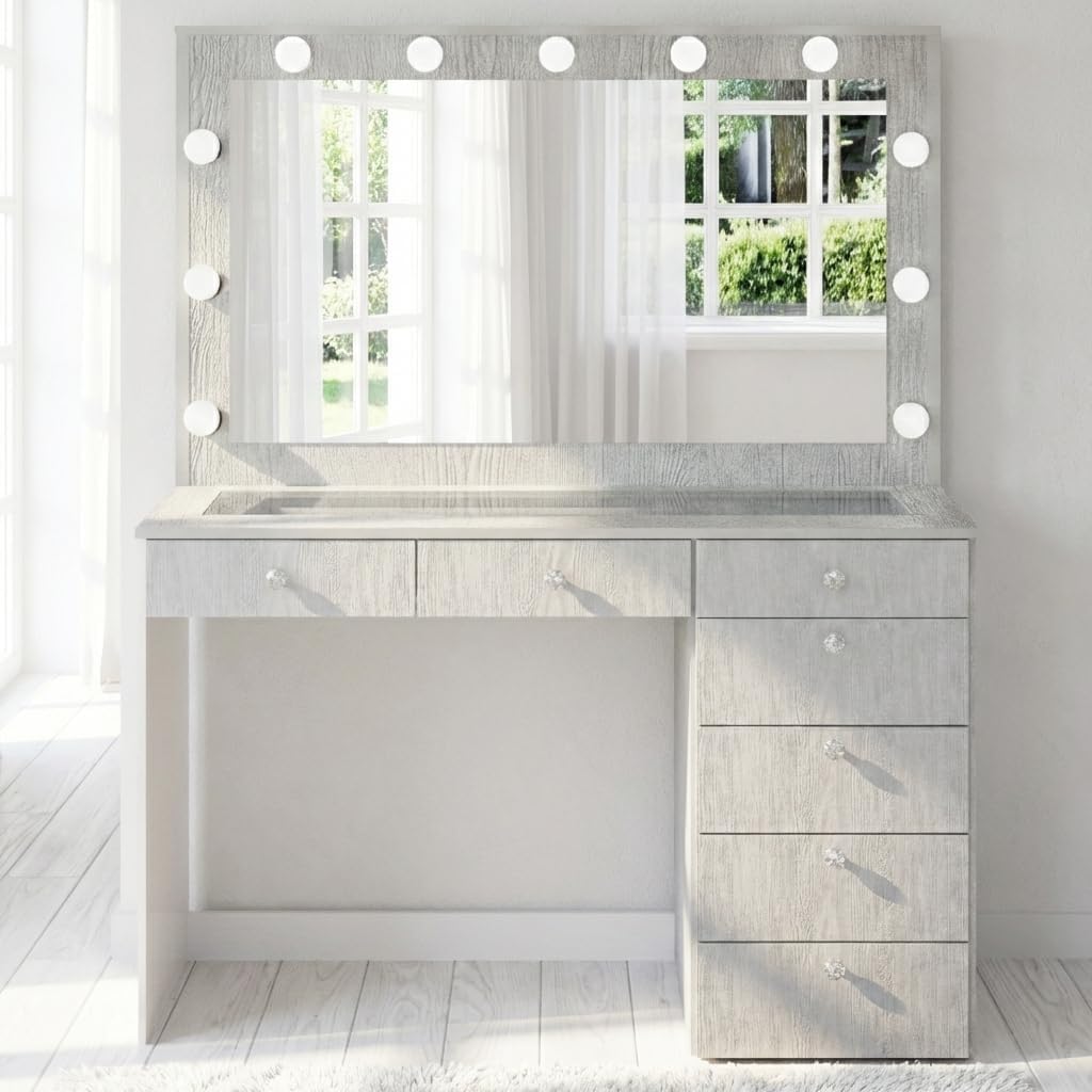 Boahaus Luna Vanity Desk with Framed Bulb Mirror – 7 Drawer Integrated Makeup Station