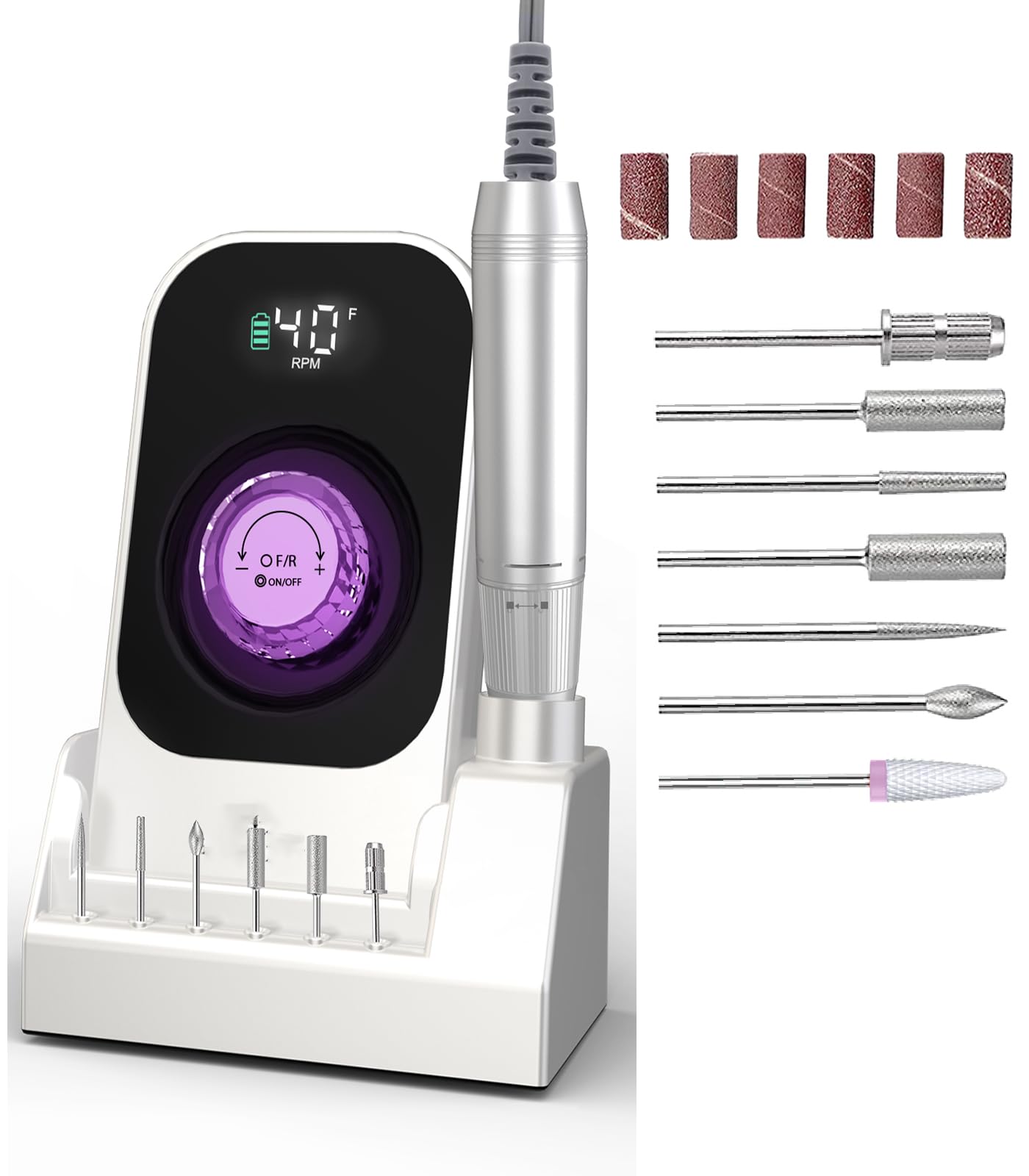 Portable Electric Nail Drill Machine: 40000RPM Rechargeable Nail E File , Cordless Professional Nail Drill File with Bits & Base for Acrylic Nails Remove