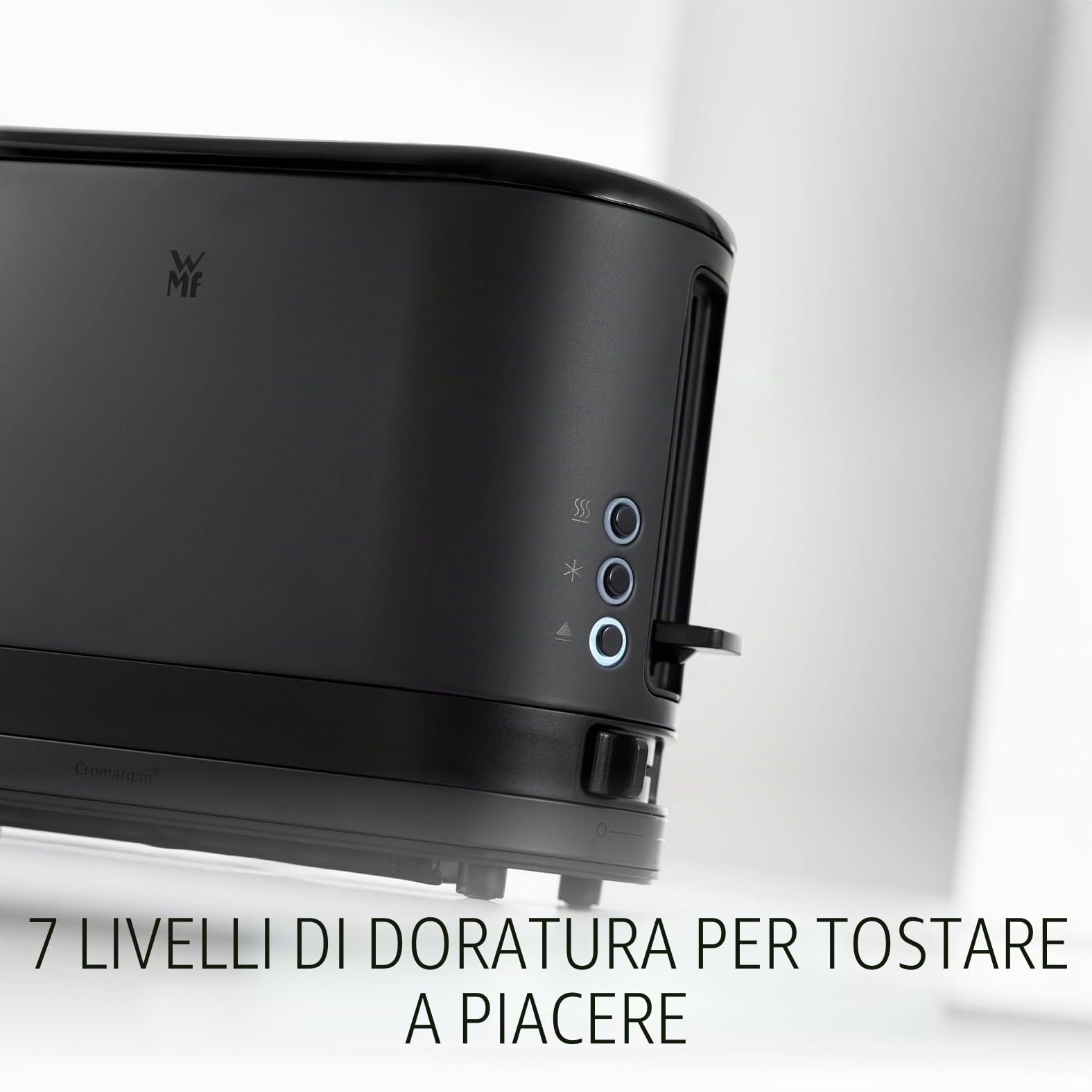 WMF Küchenminis - Tostapane a 1 fetta con inserto per panino, per 1 disco XXL, funzione scongelamento, tostapane a fessura lunga con 7 livelli di doratura, 600 W, in acciaio inox, nero opaco