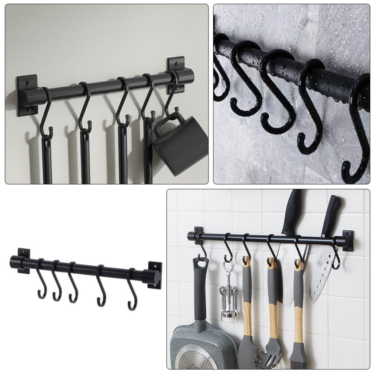 SHINEOFI Soporte de Pared para Utensilios de Cocina 30 CM Negro 5 Ganchos Desmontables en S Estante Colgante Multifuncional para Ollas Sartenes y Toallas Organizador Práctico para