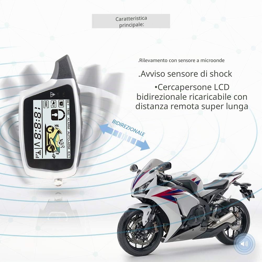 EASYGUARD EM212 Sistema di allarme per moto bidirezionale con display LCD Pager Trasmettitore ricaricabile Sensore d'urto integrato e sensore a microonde che rileva DC12V