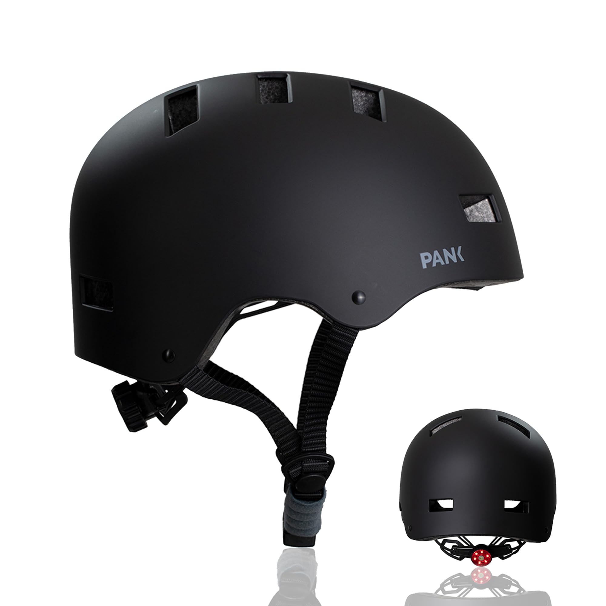 PANK Premium Casco Bicicleta Adulto Hombre Mujer con Certificado CE Casco Skate MTB BMX Casco, luz Trasera LED & Acolchado Blando, Negro Mate y Gris, M (55-58 cm) & L (59-62 cm)