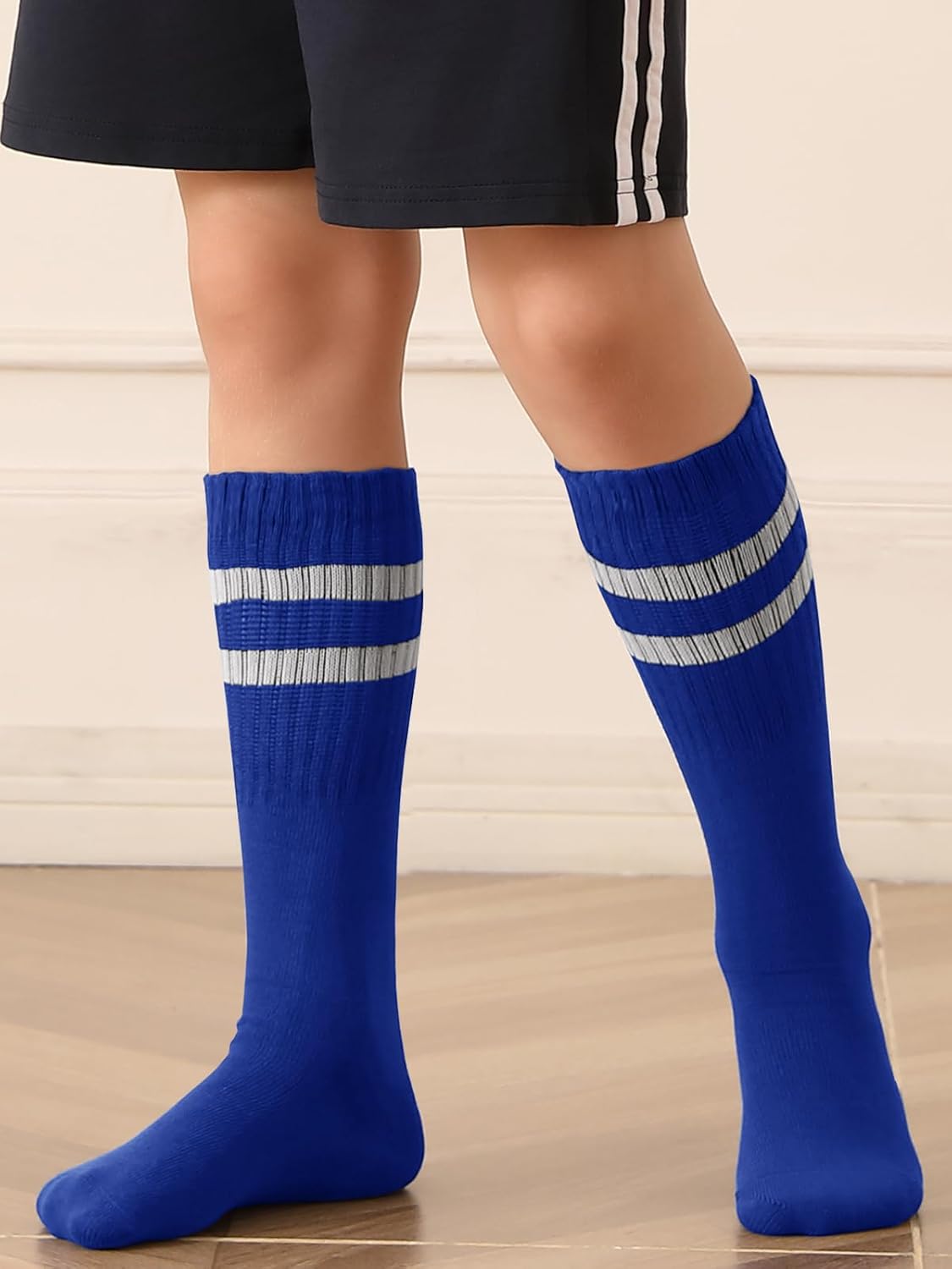 Haloumoning 3 Pairs Boys Soccer Athletic Socks Kids Striped Football Knee High Uniform Sports Tube Socks 4-15 Years - Image 2