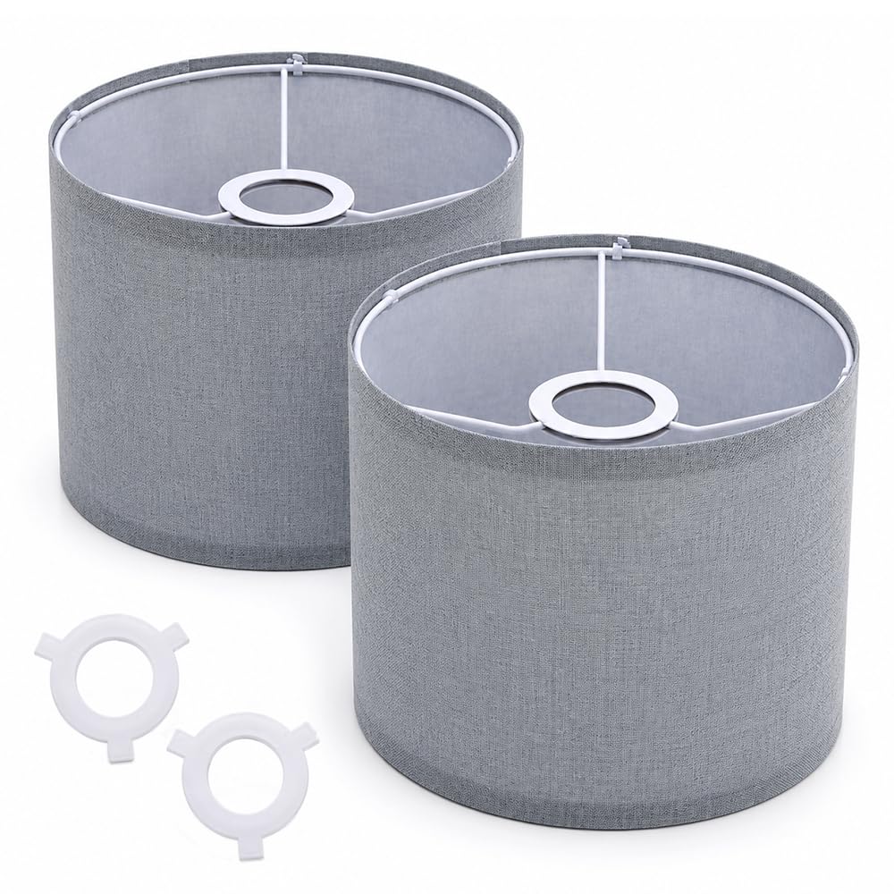 Drum Lampshades Set of 2, ZMCVOE 20 x 18cm Fabric Lampshade with E14 Reducer Ring, Light Shade Ceiling for Ceiling Lights, Bedside Table Floor Lamps (Grey, Assembly Required)