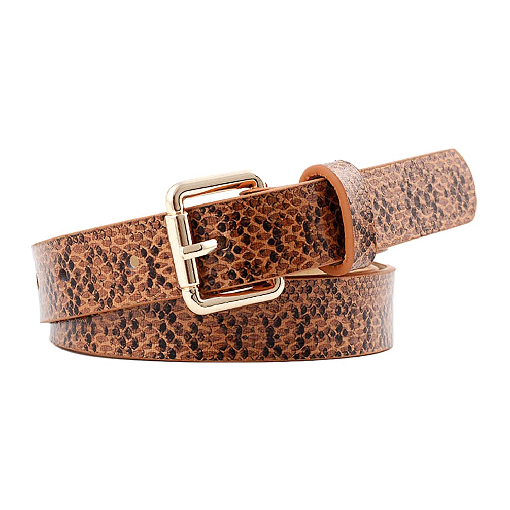 Junhouse Women's Skinny Belt Pu Leather Slim Thin Waist Belts Snakeskin Embossed Vintage Casual Waist Belt With Metal Buckle for Jeans Dress (Brown)