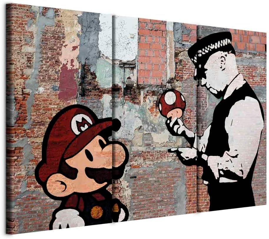 artgeist Acoustic Canvas Wall Art Banksy Super Mario Mushroom Cop 47x31 in - 3pcs Picture with Acoustic Foam Sound Print Room Acoustics Soundproofing Street Art Graffiti Faux Bricks i-C-0103-b-e