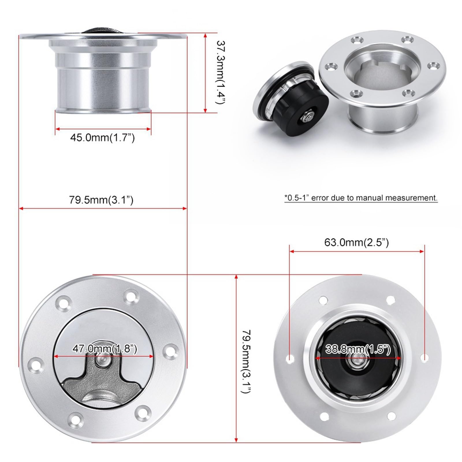 Korek wlewu oleju Korek Zbiornika Paliwa Paliwa Z Aluminium, Montaż Na Płasko, 6 Śrub, Polerowany Lustro, Otwór Wewnętrzny 35,5 Mm(Silver)