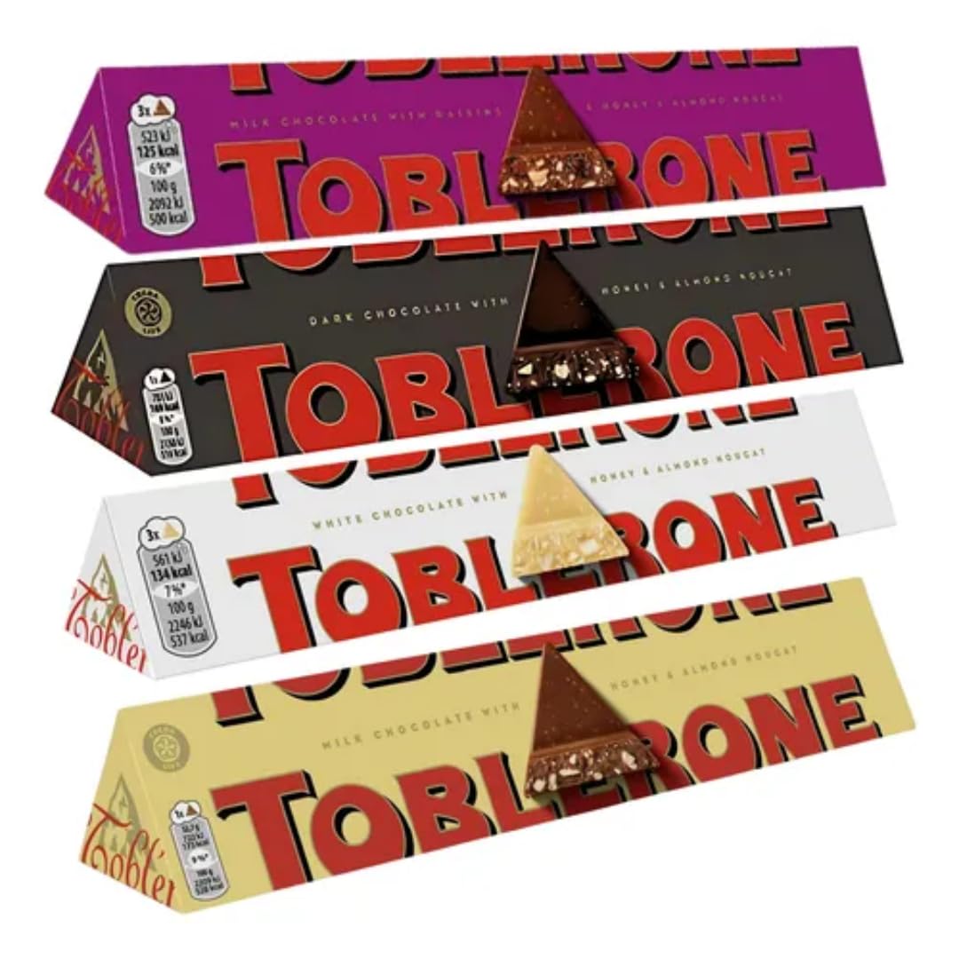 Toblerone – Confezione Assortita 4 Gusti (Classico, Fondente, Extra Fondente, Bianco) – 4 x 100 g – Cioccolato Svizzero Premium con Mandorle e Miele – Idea Regalo