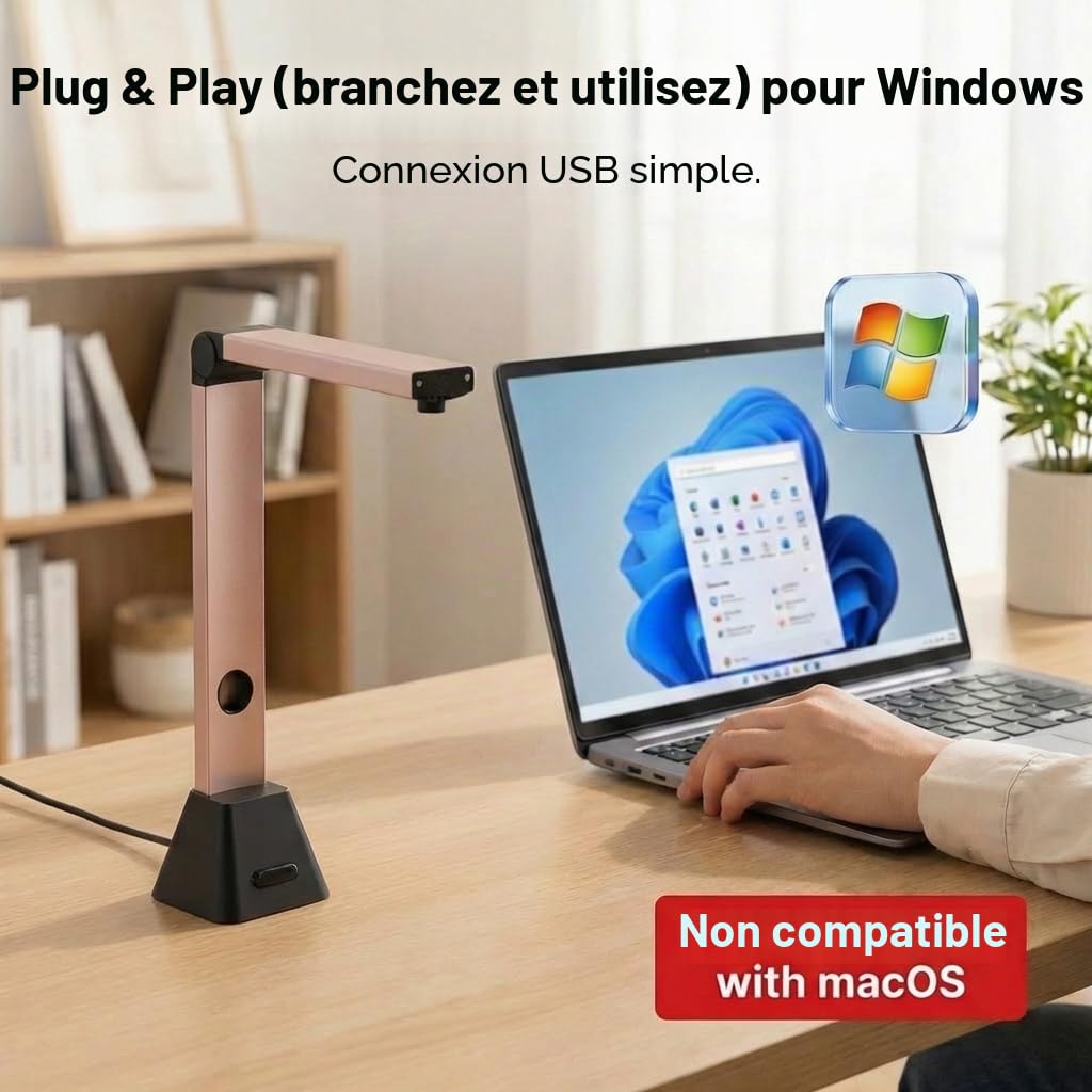 Scanner Document A3 Portable: 13MP Haute Définition OCR Caméra Automatique avec LED Intégrée USB Compatible Windows (Non Mac) Usage Bureau Maison Éducation Entreprise