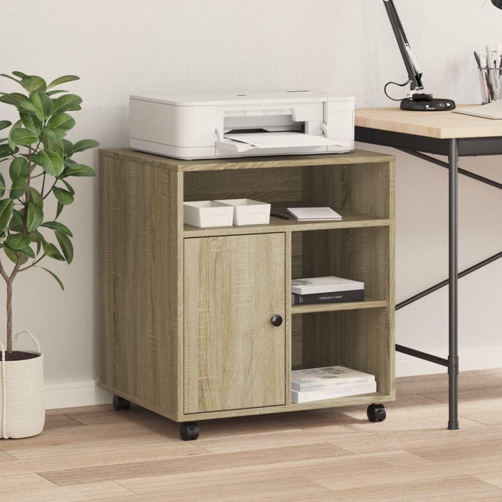 Mesa de impresión de roble Sonoma con ruedas, soporte para impresora, 60 x 50 x 67 cm, multifuncional para oficina y hogar, con 2 ruedas bloqueables, mucho espacio de almacenamiento para