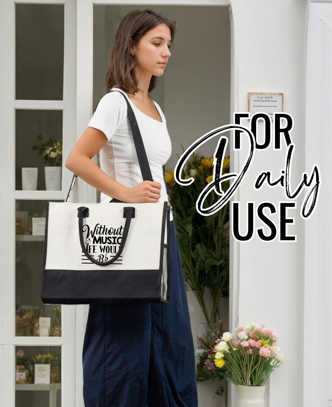 InnoBeta Music Gifts for Women, Canvas Tote Bag with Top Zipper Closure, Cool Music Gifts for Musician, Musical Lover or Teacher on Christmas, Birthday - Bb - Image 3