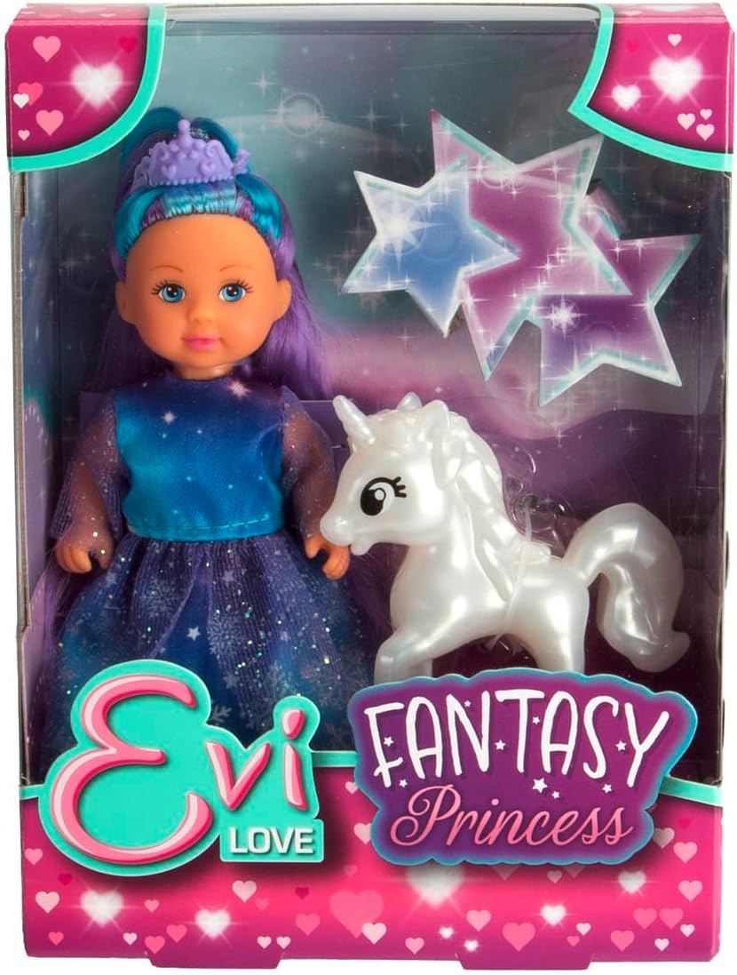 Simba 105733868 - Evi Fantasy Princess - Evi Love Fantasy Princess in Sparkly Dress with a Silvery Unicorn, 12 cm, from 3 Years