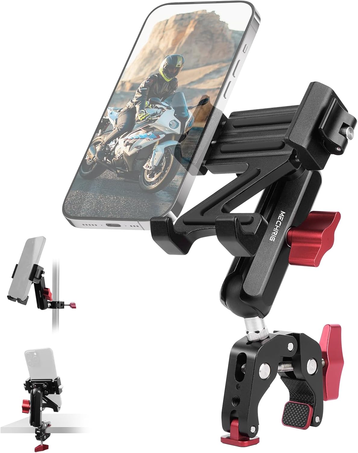 Motorcycle Phone Mount with Vibration Dampener (Include Super Clamp +Double Socket Arm+ Phone Stand All In One ) 360°Adjust & Aluminum Phone Holder for EBike, Desk,Tripod, (5.4''-7.2'' iPhone), JC014