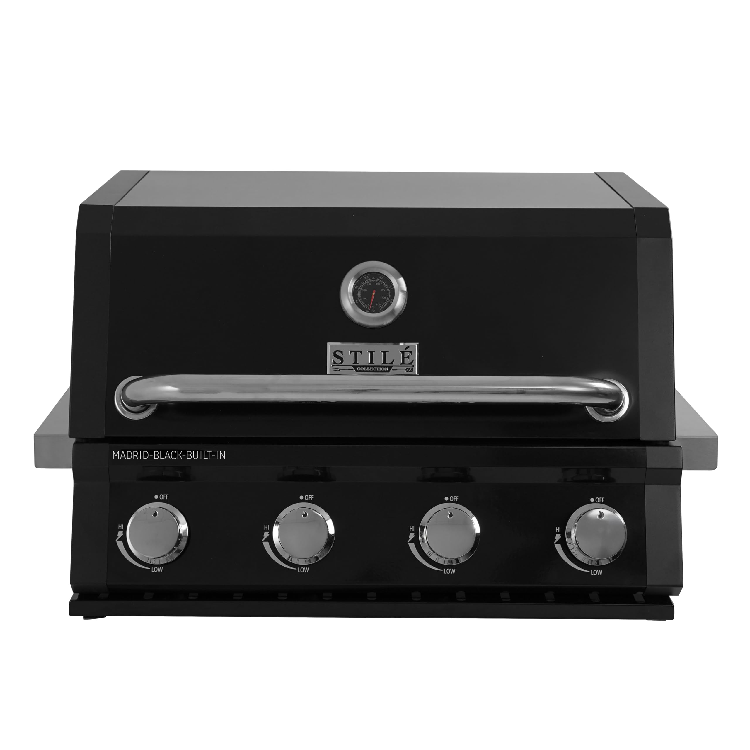 Barbecue da Incasso o Appoggio a Gas GPL 4 Fuochi 14 kW Grill in Acciaio Inox con Coperchio Griglie in Ghisa BBQ Built-in Professionale per Cucina Outdoor (Nero)
