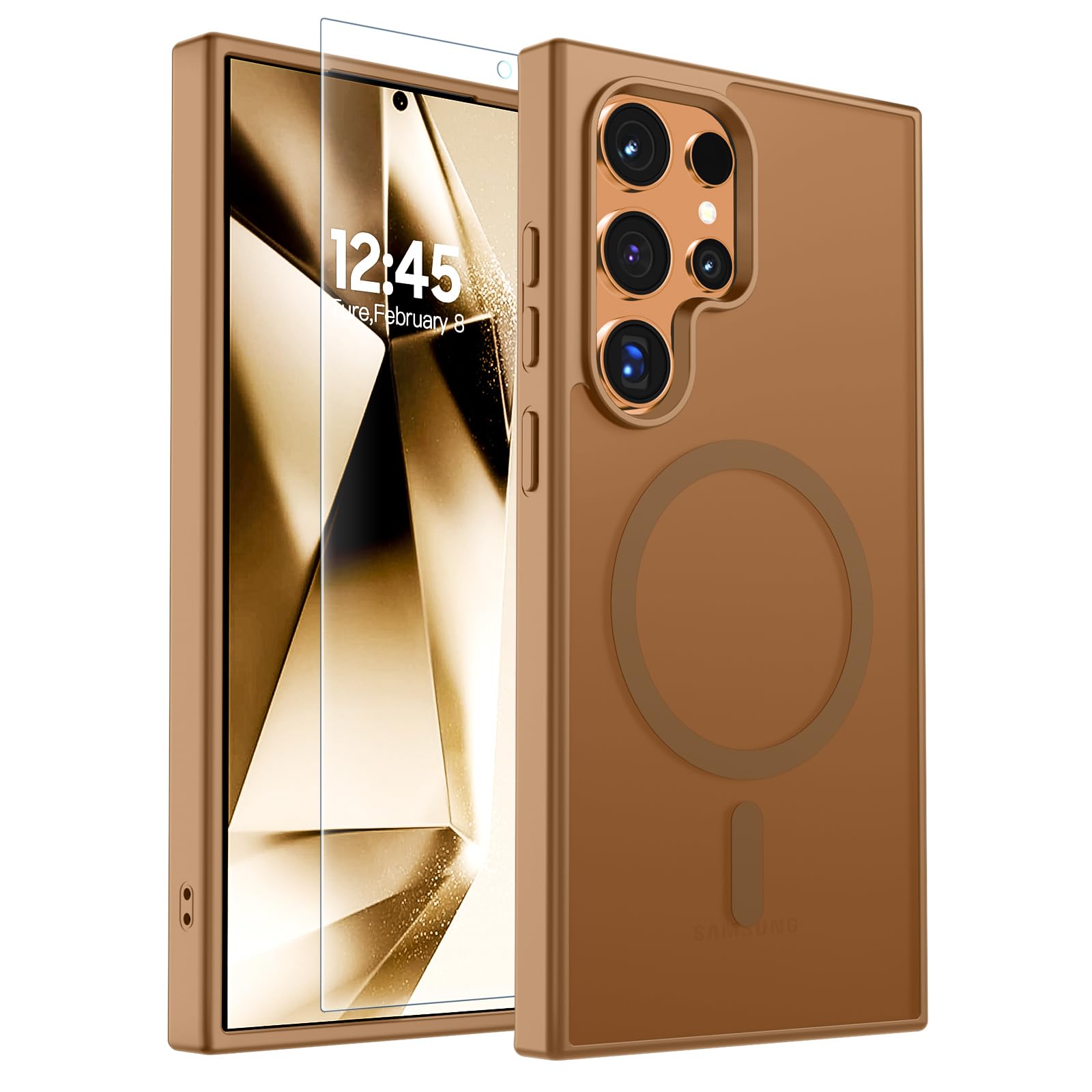 SUPFINE Magnetic for Samsung Galaxy S24 Ultra Case with Screen Protector, (Built-in Magnets) (Military Grade Drop Protection) Slim Translucent Shockproof Phone Case,Brown