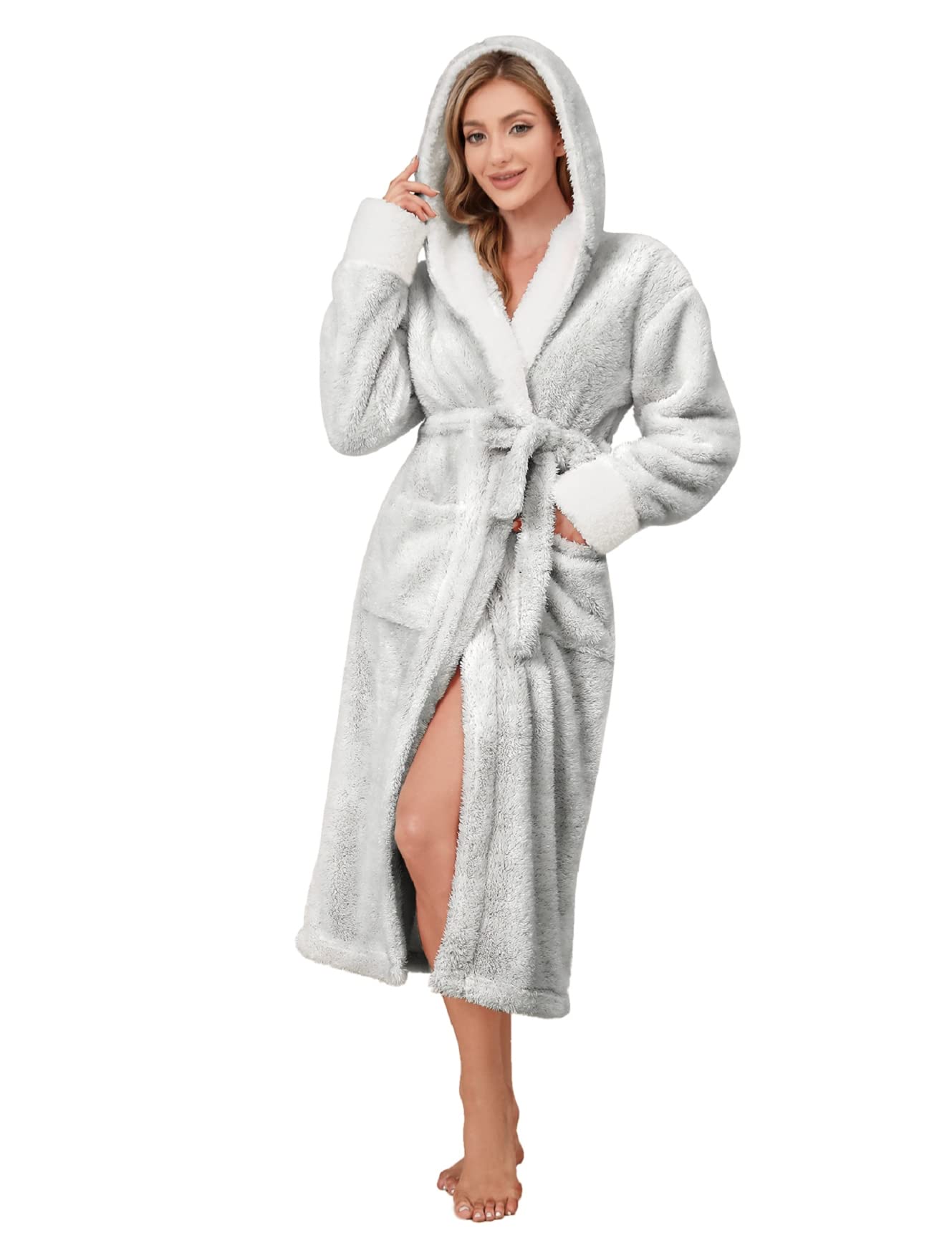 Nadeer Robe de Chambre Polaire pour Femme Homme Longue Peignoir Peignoir de Bain à Capuche en Polaire Douce Unisexe Cravate Taille Robe de Chambre Séchage Peignoir