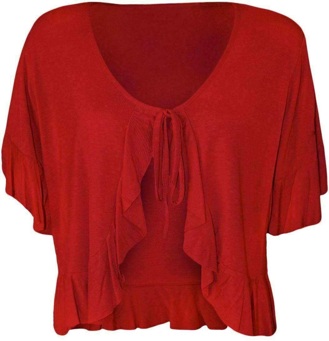 FAIRY TRENDZ LTD Womens Plain Frill Tie Up Ruffle Shrug Tops Ladies Bolero Stretch Short Sleeve Top Plus Size (Red UK 18)