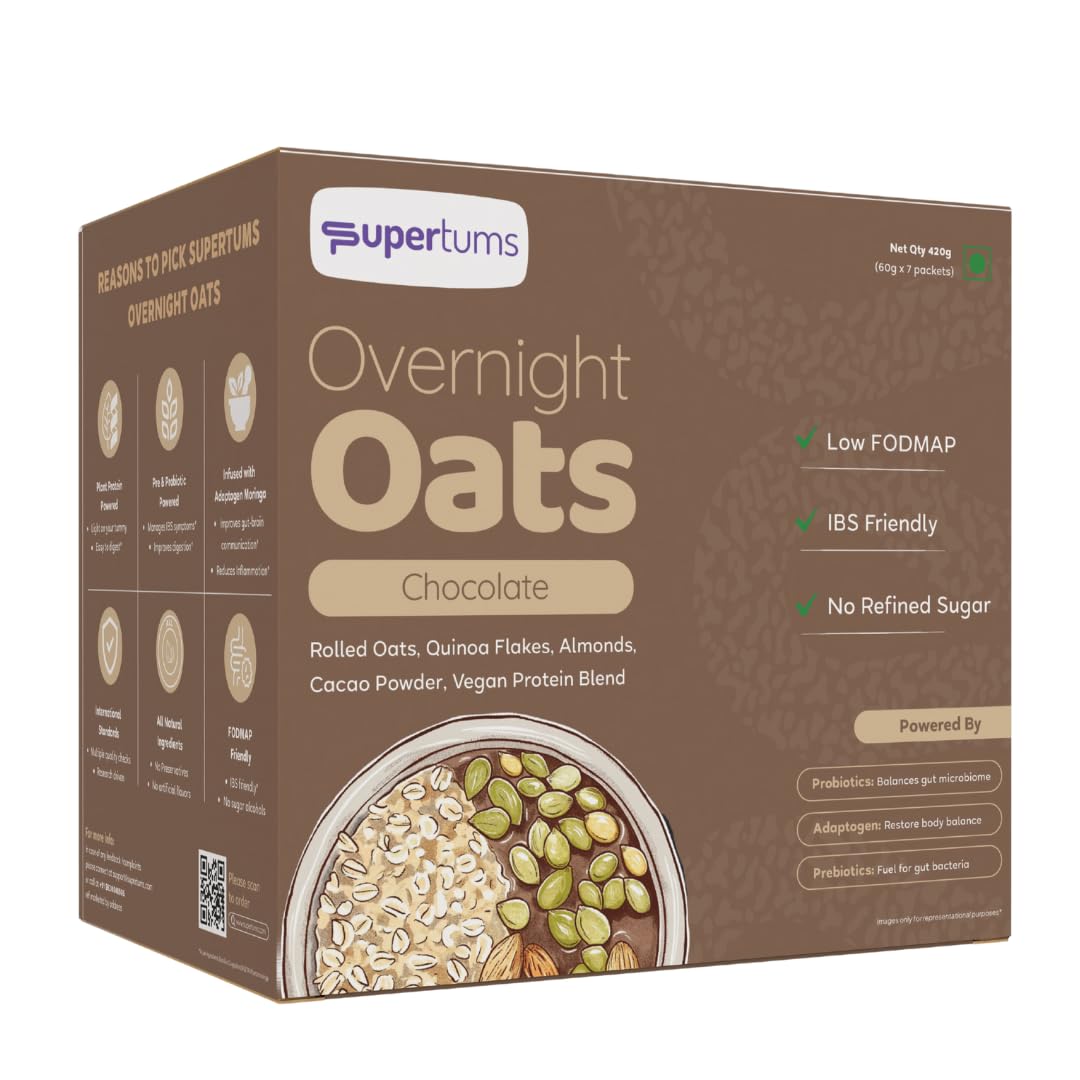 Supertums Overnight Oats Dark Cacao 420g | LOW FODMAP Oatmeal | IBS & GUT Friendly | Prebiotics & Probiotics | 19g High Protein | No bloating & Gas | Supports Weightloss