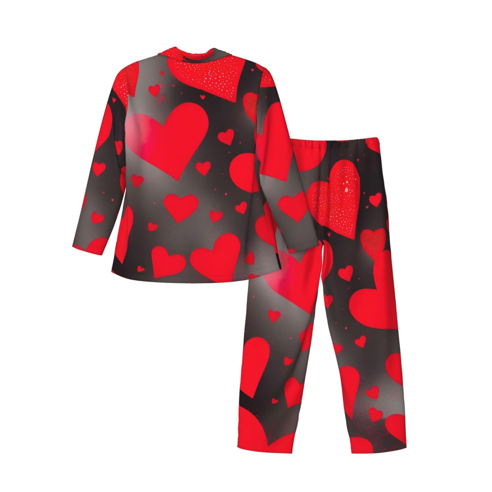 Herren-Pyjama-Set mit roten Herzen, Feuerwerk-Druck, langärmelig, zweiteilig, Hauskleidung, bequeme Nachtwäsche