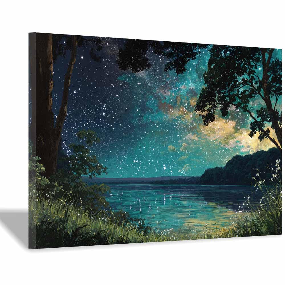 HOQIU Natural scenery wall art Starry Lake Reflection decorative painting, wall art, for Living Room Bathroom Bedroom Kitchen Decoration.(Multicolor)-40x60cm Framed