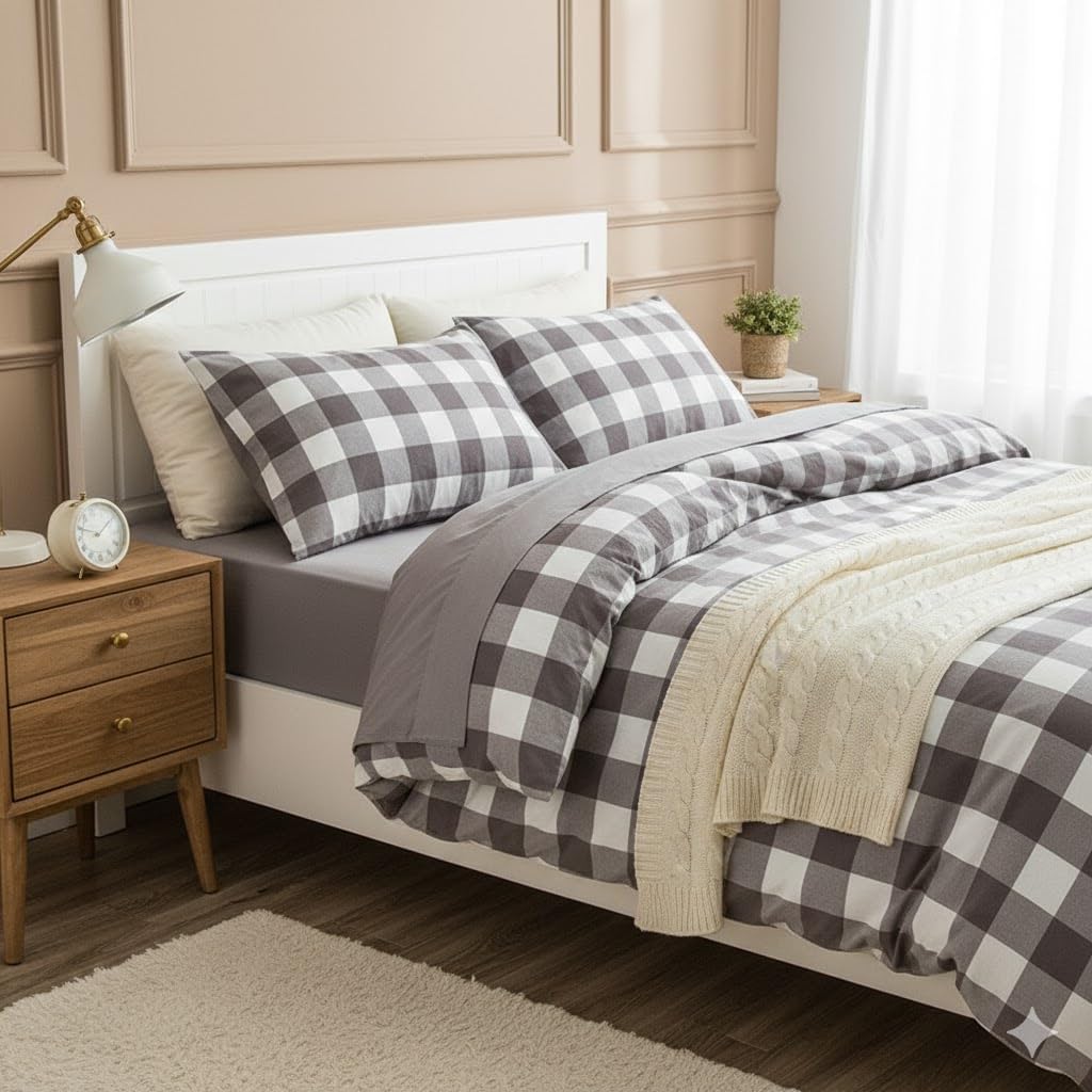 100% Washed Cotton Plaid Duvet Cover Set (1 Duvet Cover + 2 Pillowcases, Without Core), 3pcs Washed Cotton Geometric Pattern Printed Bedding Set, Checkered Grid Simple Style