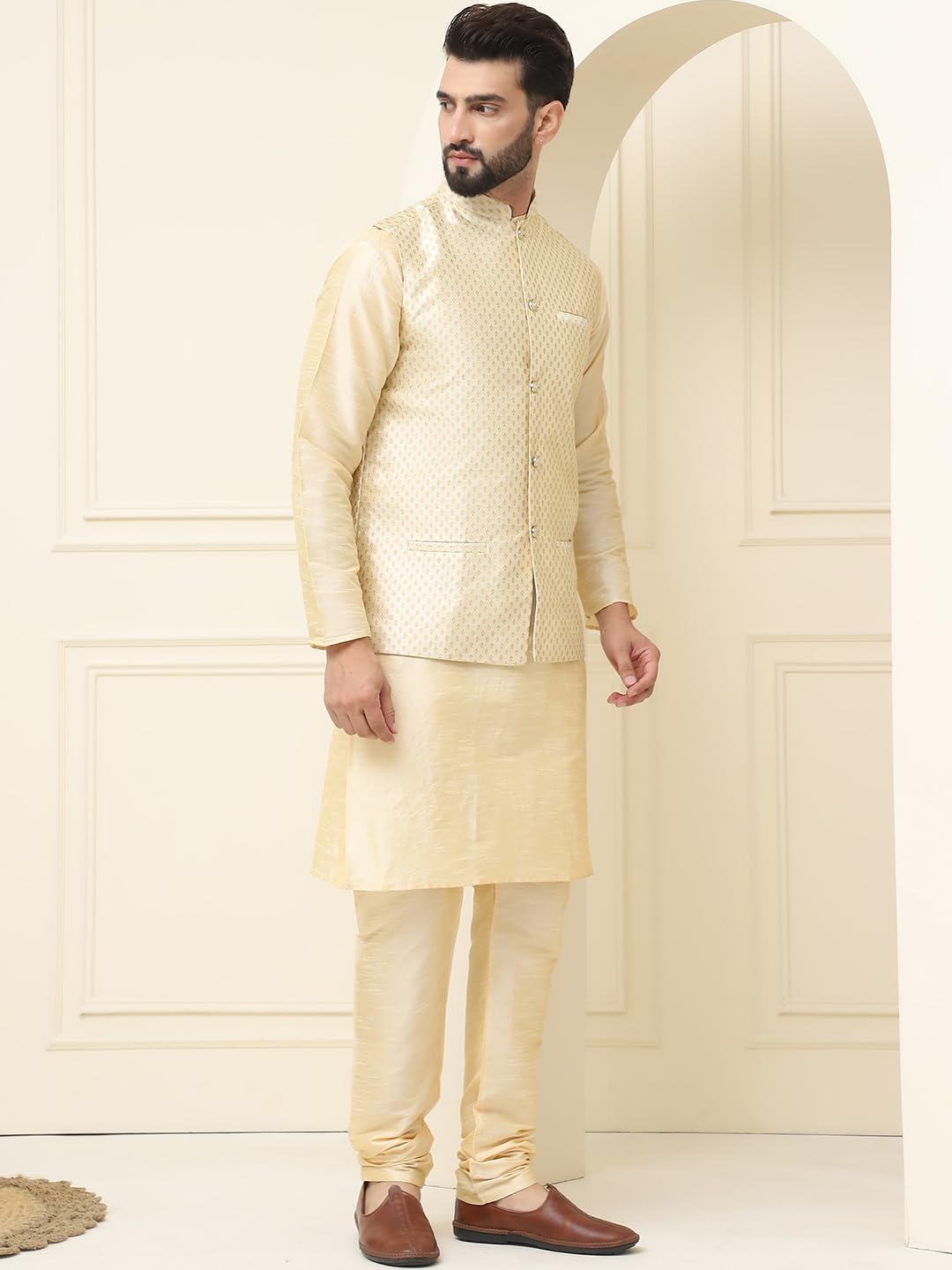 Sojanya (Since 1958 Men's Silk Blend Gold Kurta Pyjama With Self Design Beige Nehru Jacket