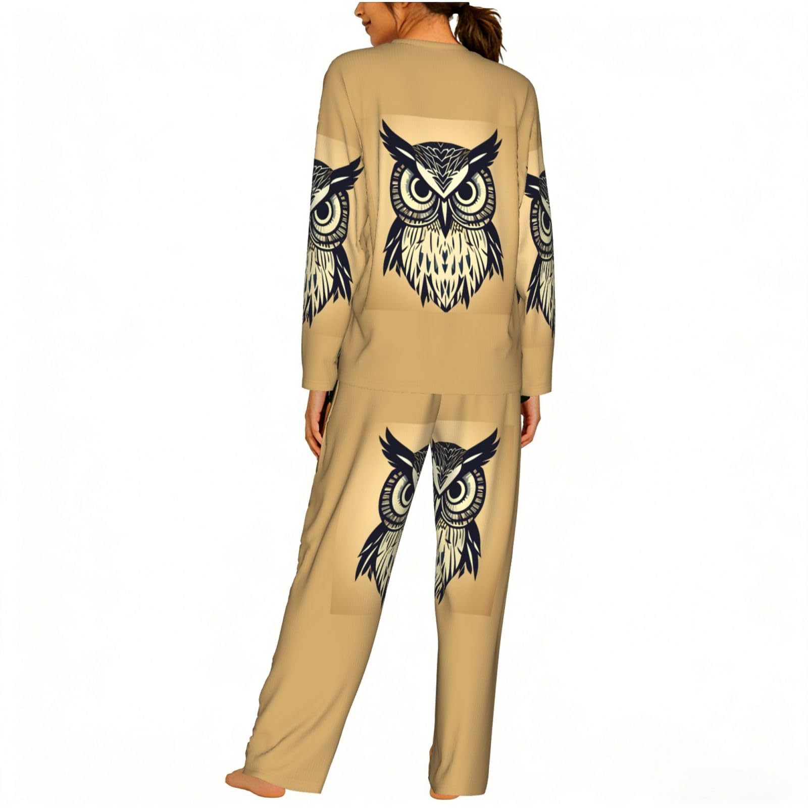 Pigiama da donna a maniche lunghe con stampa di gufi, morbido pigiama da spiaggia, vacanze, abbigliamento da notte, regalo casual