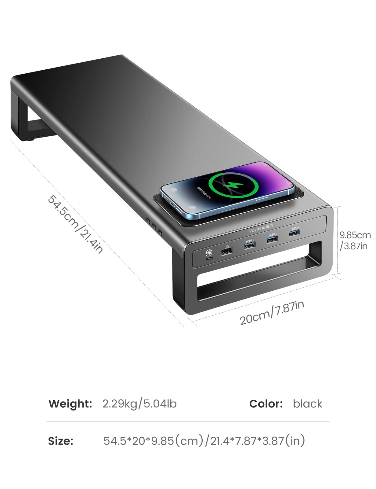 Vaydeer Podwójny Uchwyt na Monitor z Bezprzewodowym Ładowaniem i 4 Hub USB 3.0 - Aluminiowy Uchwyt dla 2 Monitorów do 32 Cali, Komputer, Laptop - Czarny | Bezprzewodowe ładowanie, do monitorów do 32 cali, do komputera i laptopa, czarny