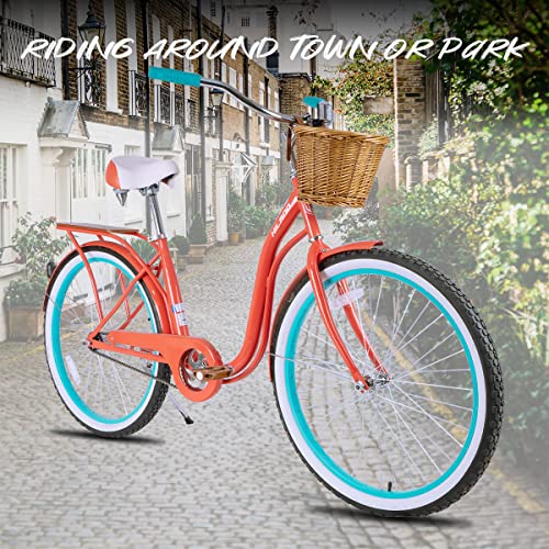 Hiland 26 Inch Beach Cruiser Bike with Basket & Cargo, Multiple Colors