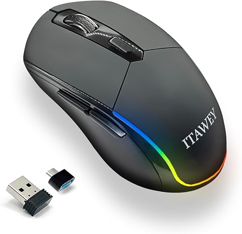 Ratón inalámbrico con tira LED multicolor, tres modos (2 x Bluetooth 5.2 y 1 x receptor USB 2.4G), 6 botones, recargable, clics silenciosos, alta