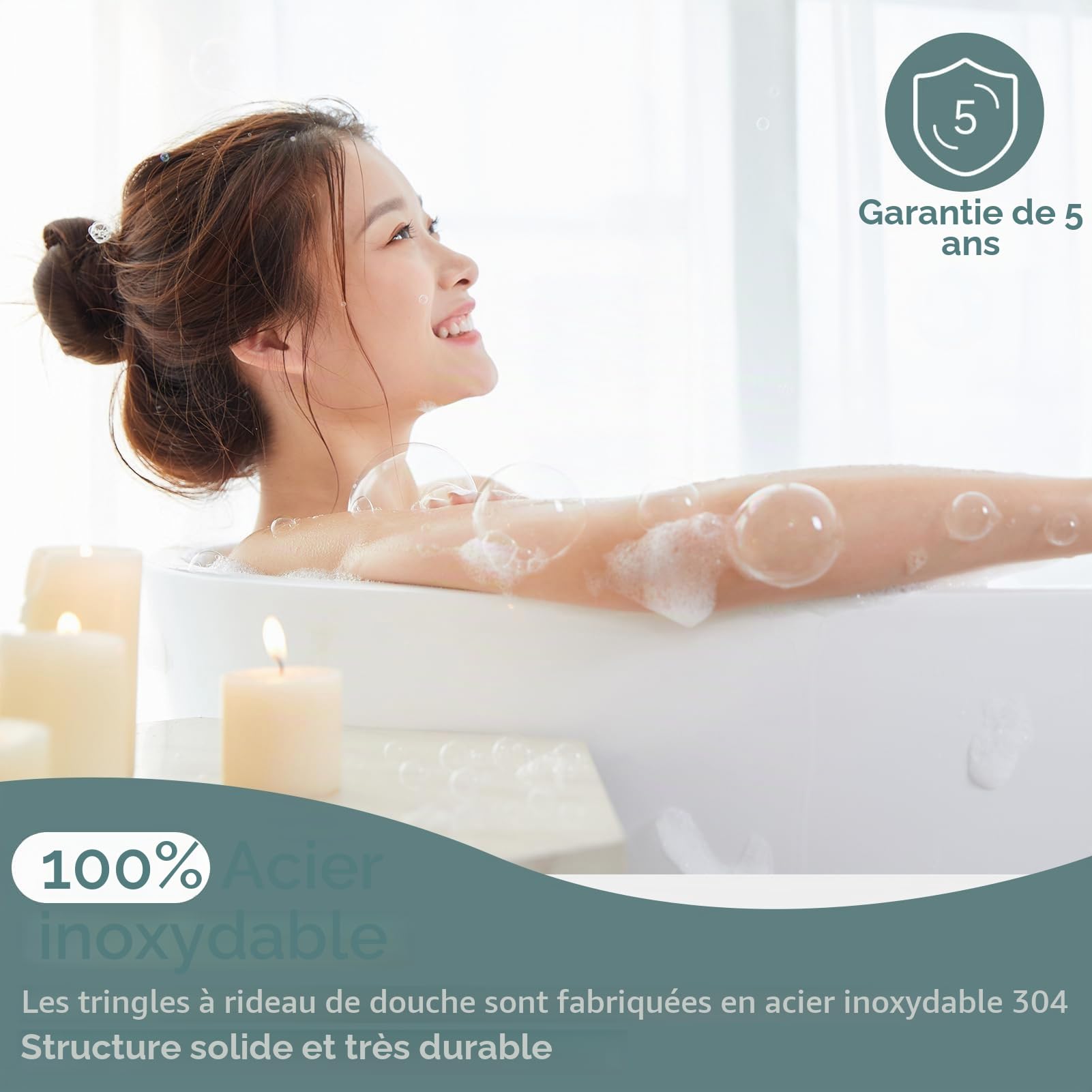 Tringle à Rideau de Douche Réglable en Forme de L en Métal Inoxydable Extensible, Barre de Rideau de douche Avec 18 Anneaux, Pour Salle de Bain, Espace Privé (90-120 × 90-120 cm, Installation Percée)