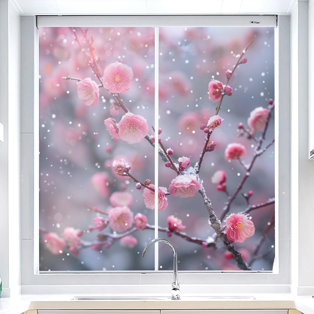 Beautiful Plum Blossom Frosted Window Film, Natural Winter Modern Pink Flower Tree Stained Glass Privacy Film Windows, Heat Insulation Self-Adhesive Vinyl Bathroom Office, 35.4Wx63L inch x2 Pcs