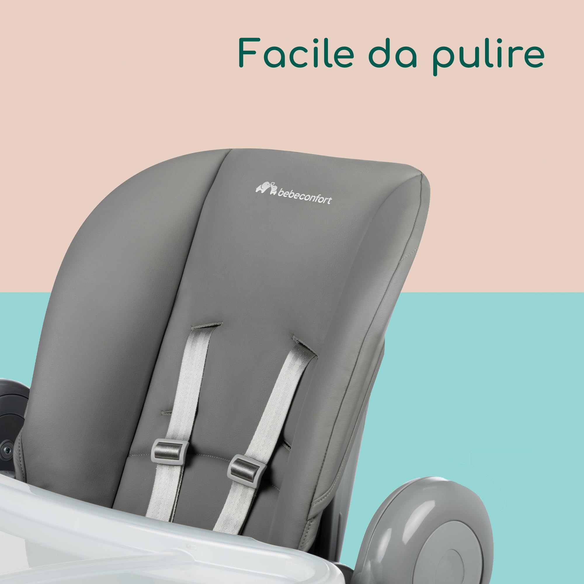 Bebeconfort Olea Seggiolone pappa bimbo, 0-3 anni, 0-15 kg, Seggiolone pappa pieghevole e reclinabile 3 posizioni, 9 Altezze, Facile da pulire, 4 ruote piroettanti, Chiusura compatta, Tinted Grey