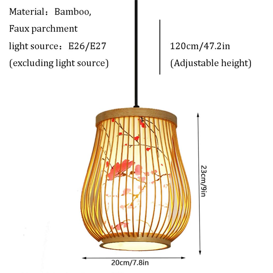 Lámpara Colgante Pequeña Única De Estilo Zen Chino Con Pantalla De Mimbre Y Estampado De Imitación De Pergamino, Farol De Bambú, Lámpara Colgante Para Sala De Estar, Comedor Y Cocina