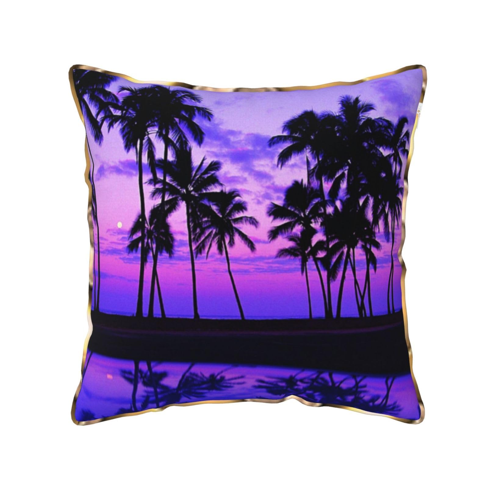 AUBKFELD Palm Tree Purple Sunset Printed Velvet Cushion Cover 40x40 CM with Gold Edging Strip, Square Pillowcase Soft Throw Pillow Covers Case Decorative for Living Room Sofa Couch Bed Bench