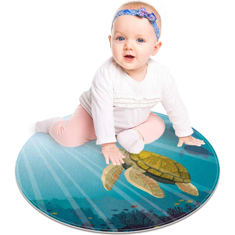 Underwater Turtle Coral Fishes Marine Life Pattern, Non Slip Doormat 23.6" Round Area Rug Carpets Rugs for Kids Bedroom Baby Room Play Room Nursery