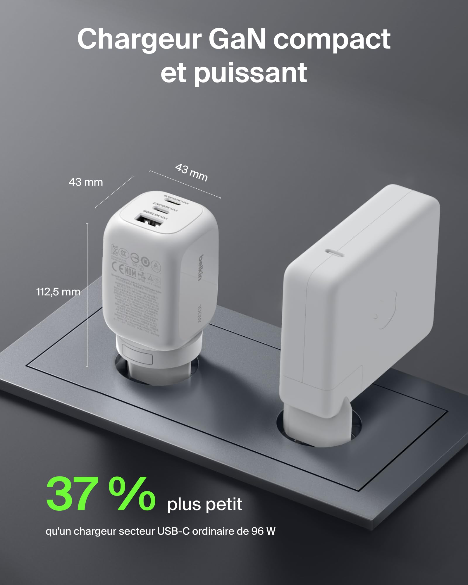 Belkin Chargeur Secteur GaN 3 Ports USB-C 100 W, 2 Ports USB-C et 1 Port USB-A, Fiches électriques UE/R.-U. / É.-U., pour MacBook, iPhone, iPad Pro, Samsung Galaxy, Google Pixel, etc - Blanc