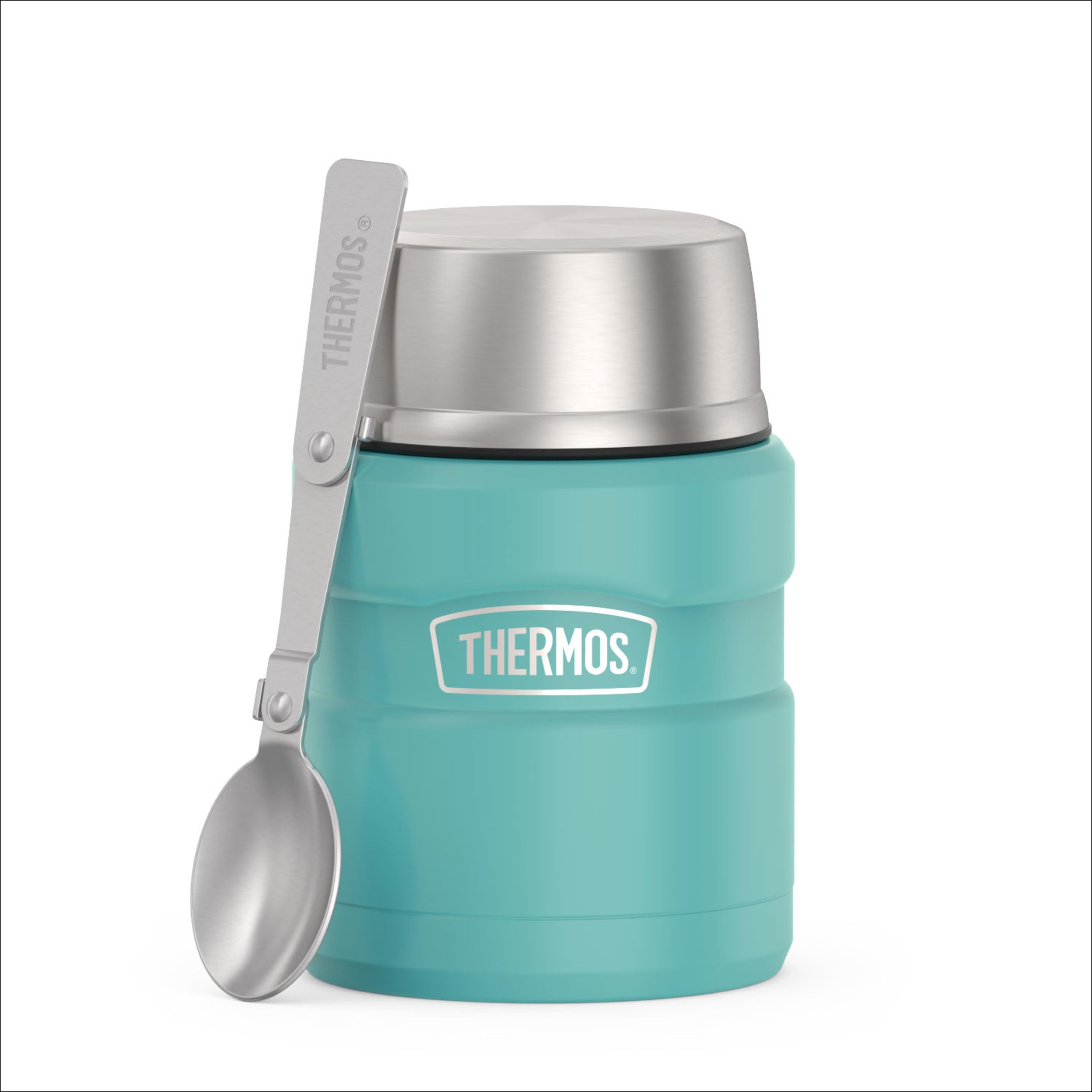THERMOS Stainless King Food Jar with Spoon, 16oz, Matte Teal | Stainless Steel Insulated Food Container with Built-In Bowl, Keeps Food Hot or Cold Longer for Work & Travel Matte Teal 16 Ounce