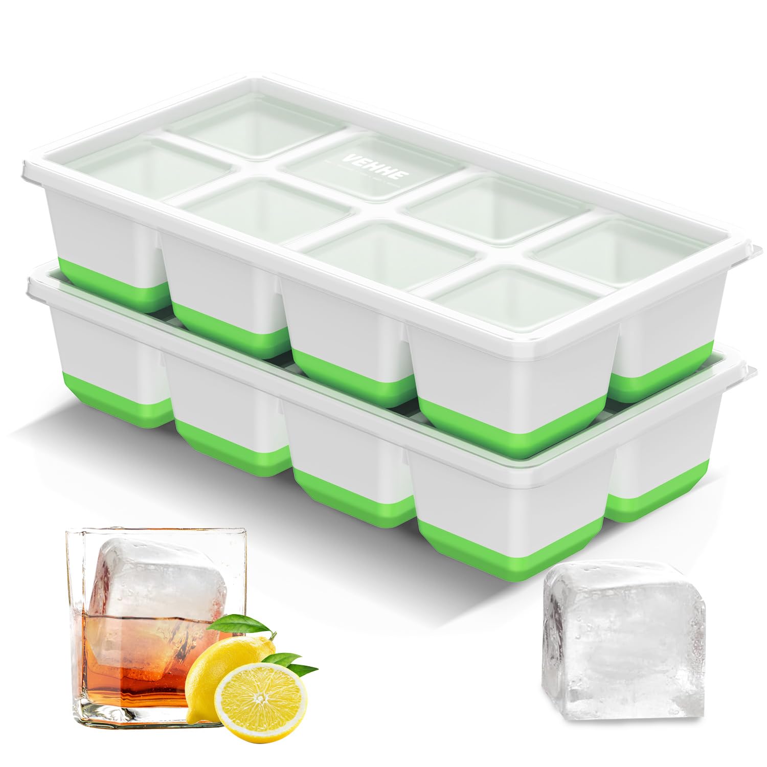 VEHHE Ice Cube Trays for Freezer with Lid, 2 Pack Stackable Large Ice Cube Molds, Easy Release BPA Free Silicone Ice Cube Tray for Whiskey and Cocktails (Green)