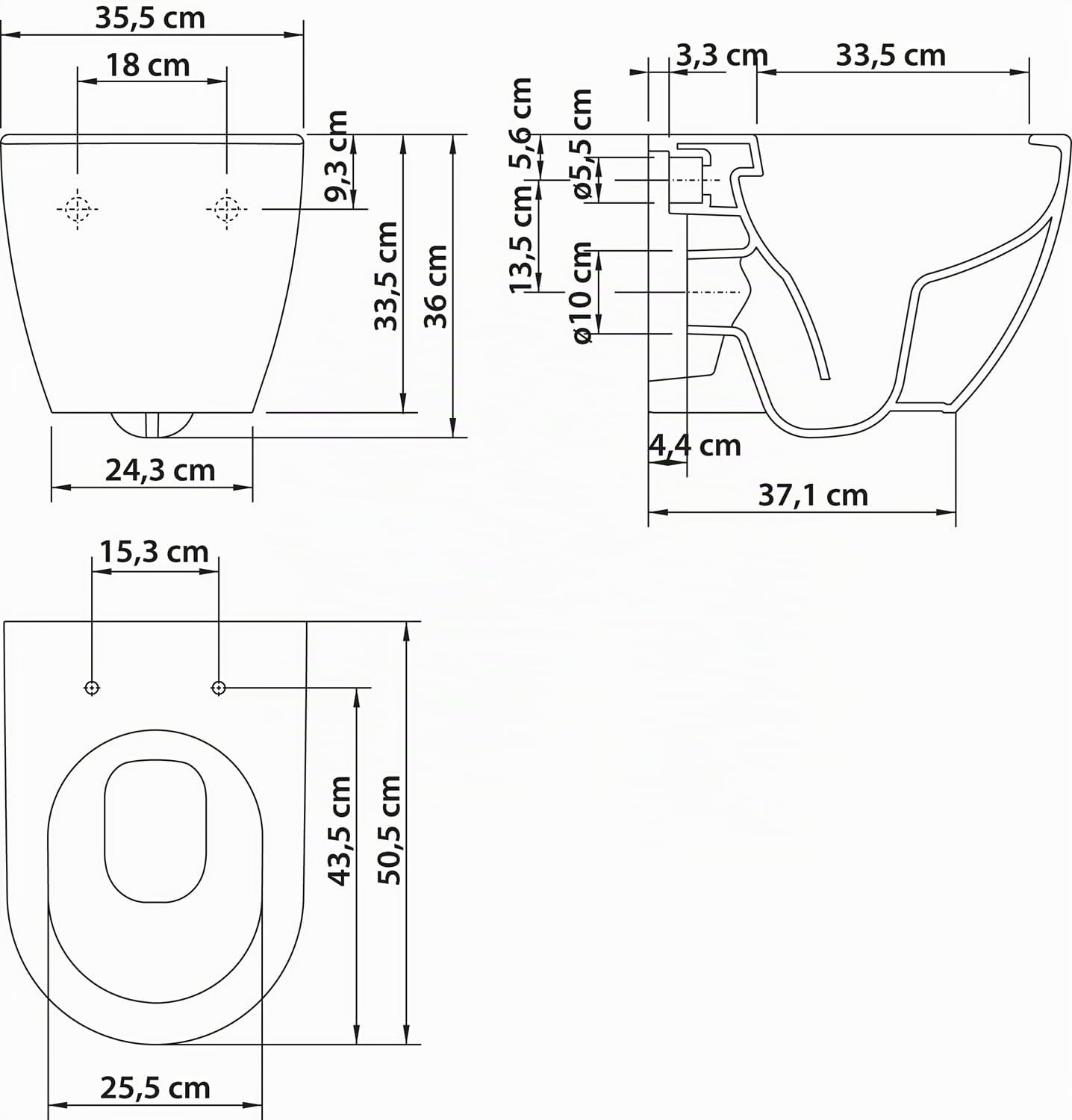 SCHÖNER WOHNEN WC suspendu sans rebord 50.5 x 35.5 x 36 cm blanc | 23.45 kg chasse d'eau profonde sortie horizontale