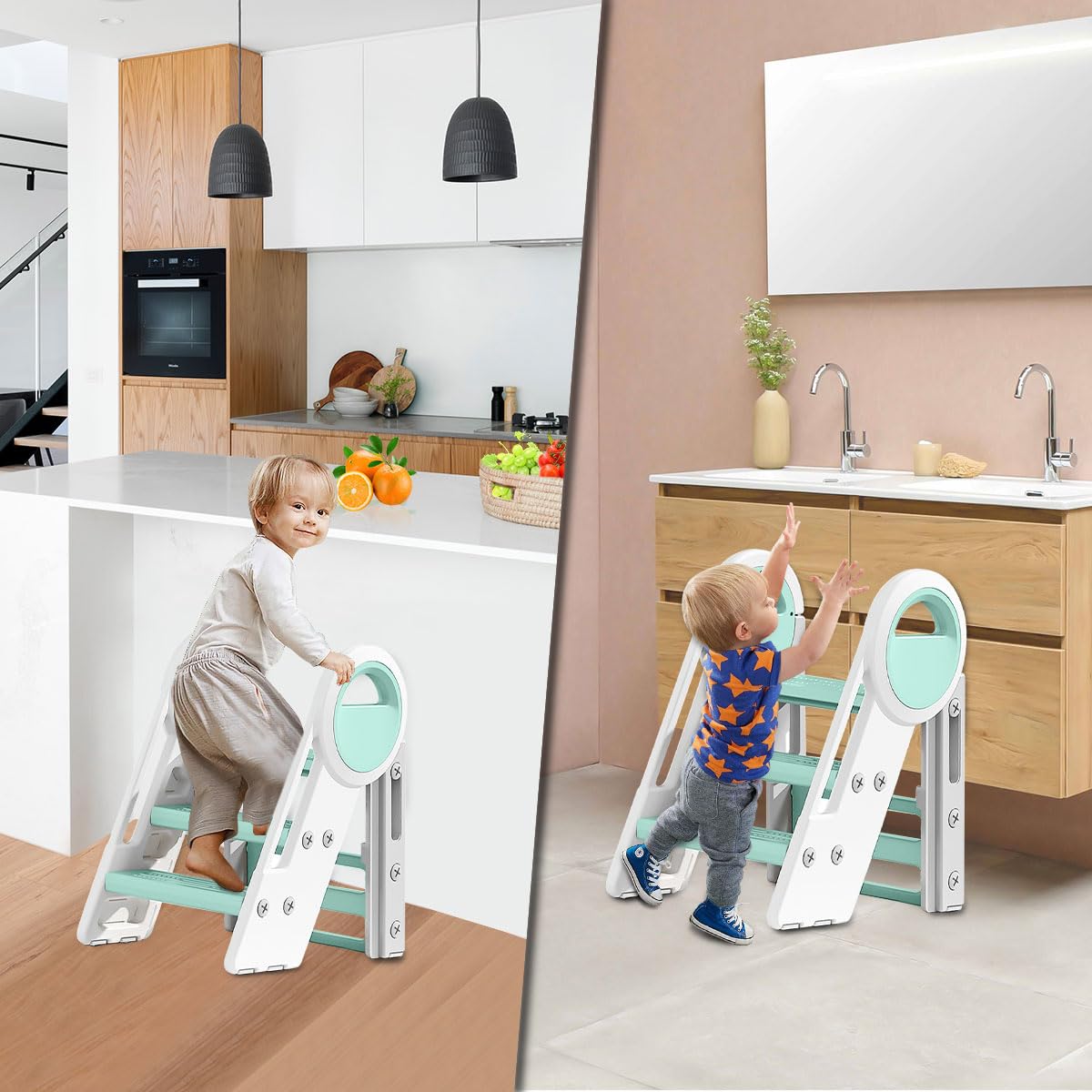Opstapkruk, 2 treden, 3-in-1 van waterdicht HDPE, kruk, 2 niveaus, inklapbaar, voor volwassenen en kinderen, ondersteunt tot 230 kg, voetenbank, inklapbaar, twee treden, voor badkamer, keuken
