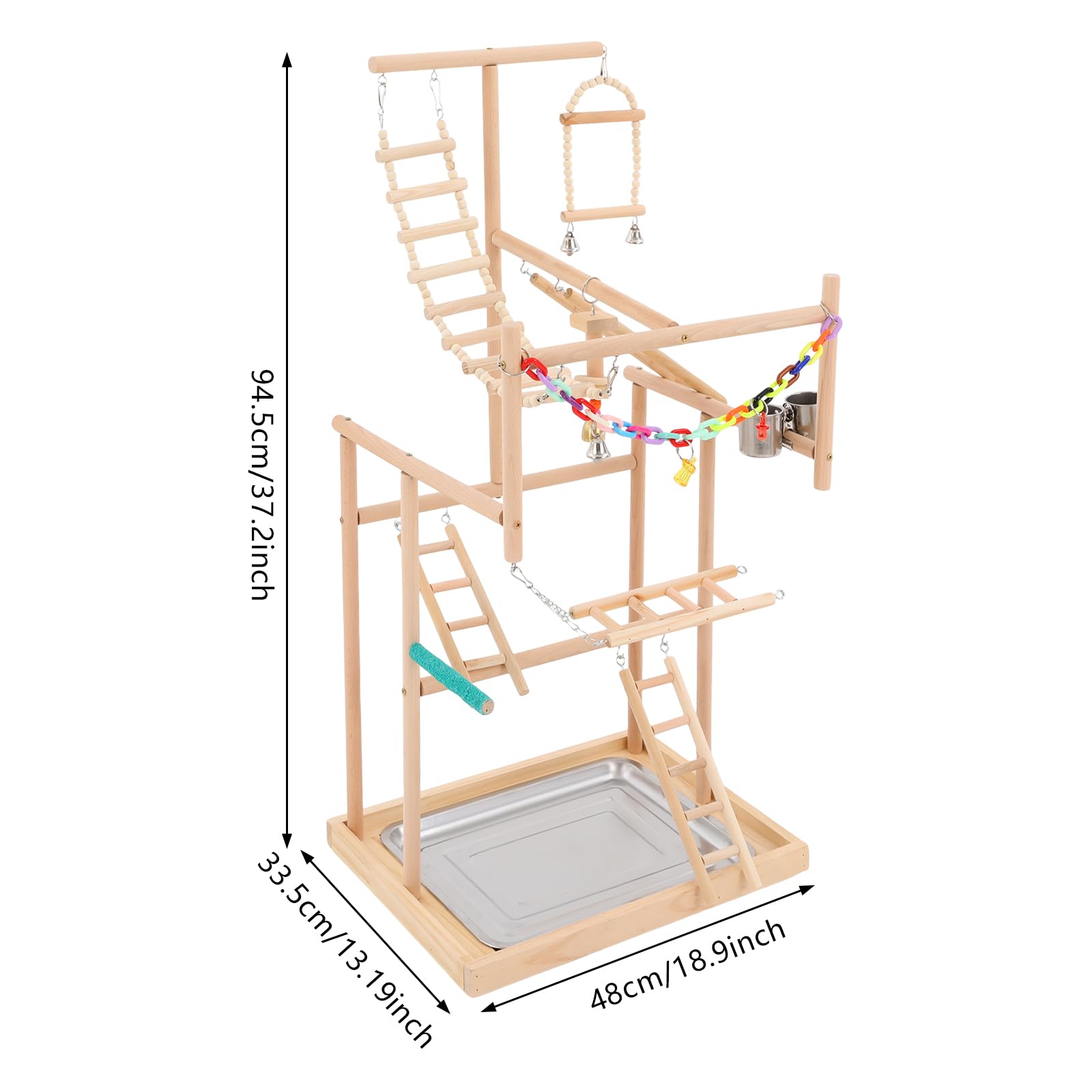 Papageien-Spielplatz aus Buchenholz mit Edelstahl-Futterbechern, Holzschaukel, Leiter, Bunte Kunststoffkette für Haustiere, Vogelspiele, 48*33.5*94.5 cm, XL
