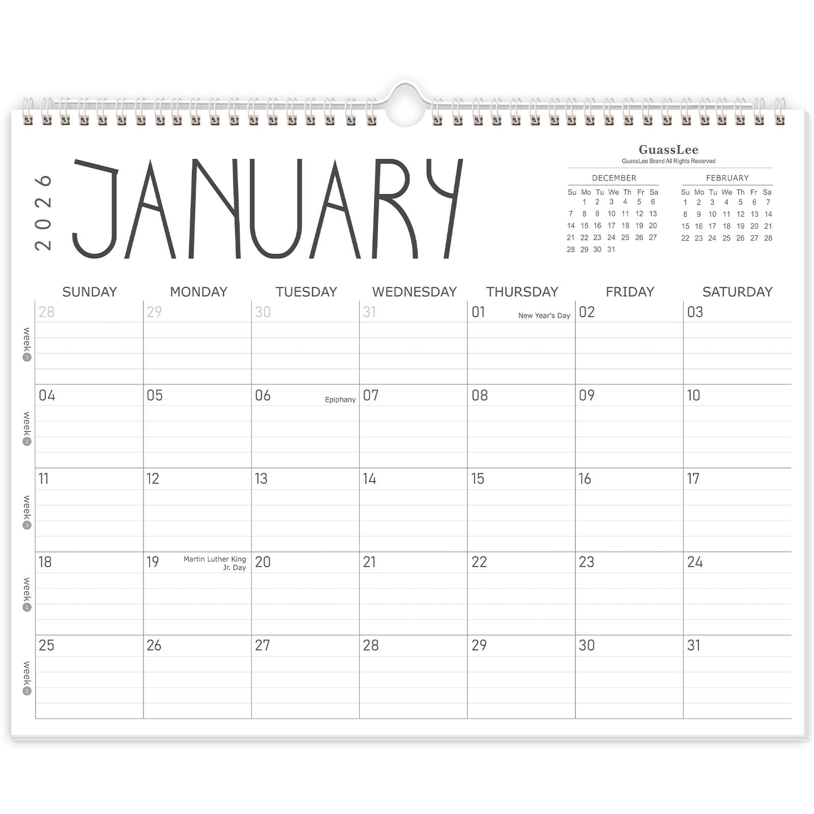 GuassLee Wall Calendar 2026, 2026 Calendar Wall from Jan. 2026 to Dec 2026, 14" X 11" Paper Monthly Planner Wall Hanging Calendar with Thick Paper for Office Home Planning & Organizing
