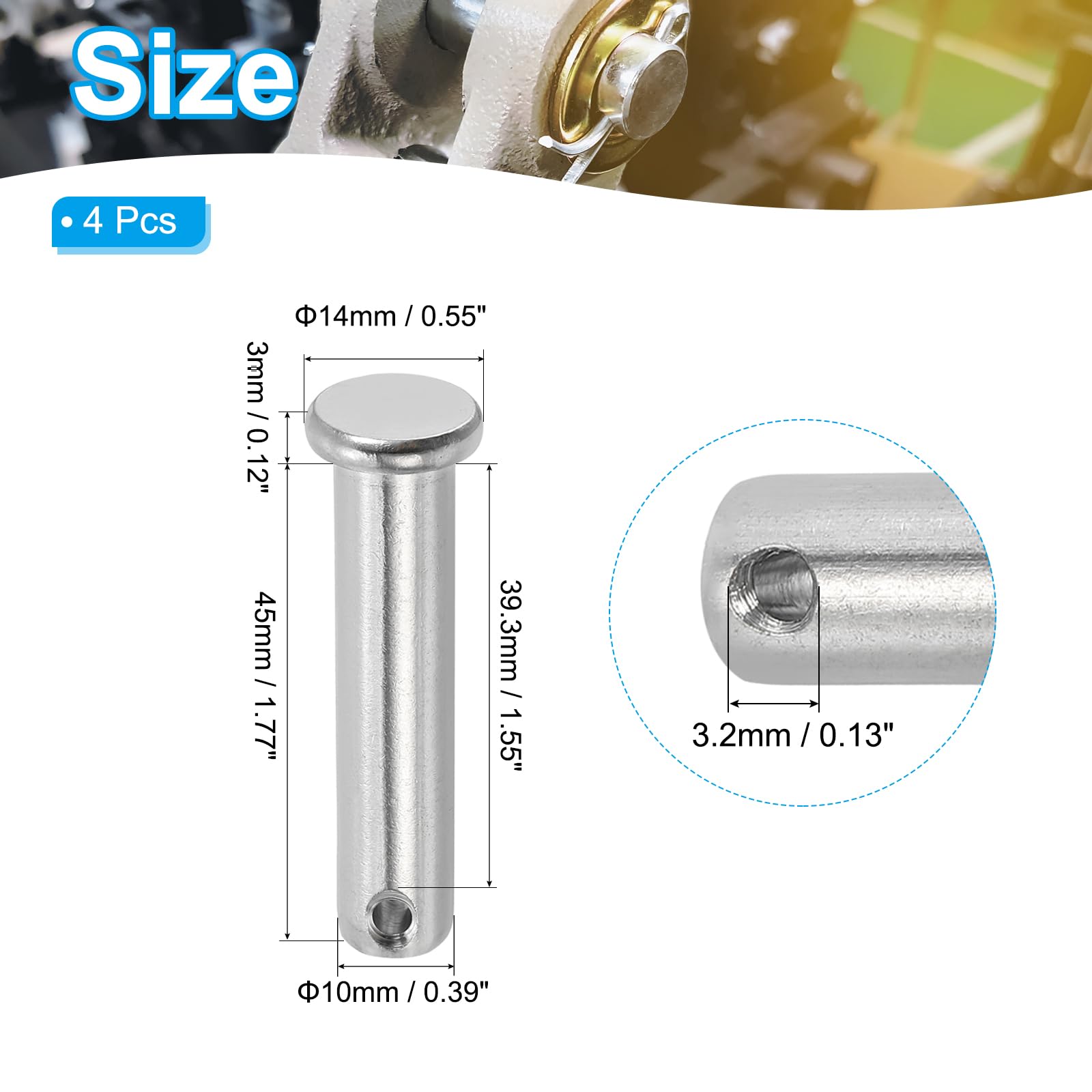 PATIKIL 10 x 45 Mm Single Hole Clevis Pins, 4 Pcs 304 Stainless Steel Flat Head Pin for Hitch Pin Lock Link Hinge Systems Silver - Image 2