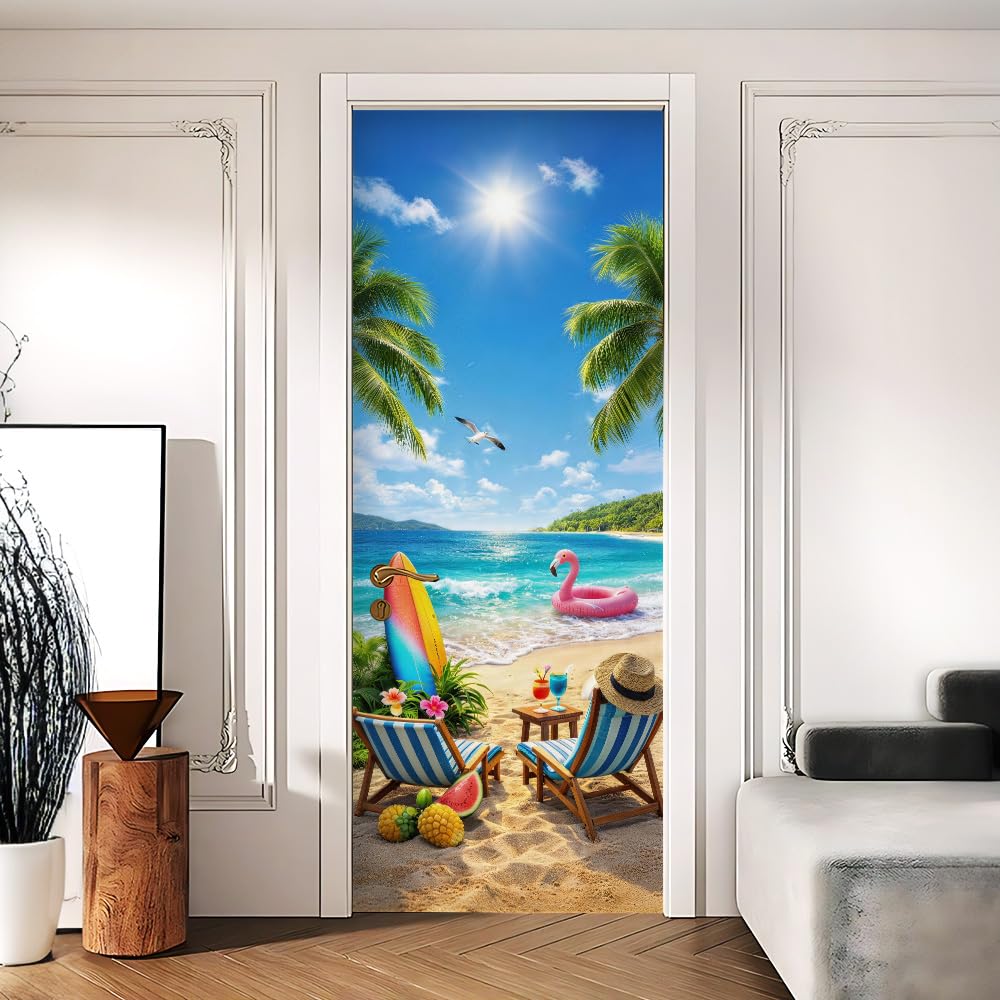 Tropical Beach Door Sticker, Peel &amp; Stick Door Cover, 30.3x78.7in