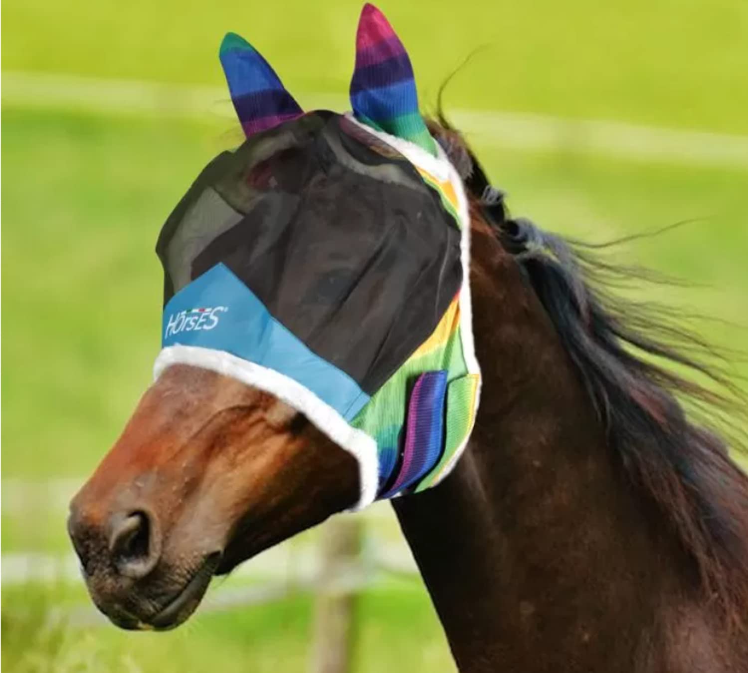 Horses Maschera Antimosche Fly Shield Rainbow, Leggera e Traspirante, Non Ostacola Il Campo Visivo del Cavallo, Protezione di Occhi e Orecchie