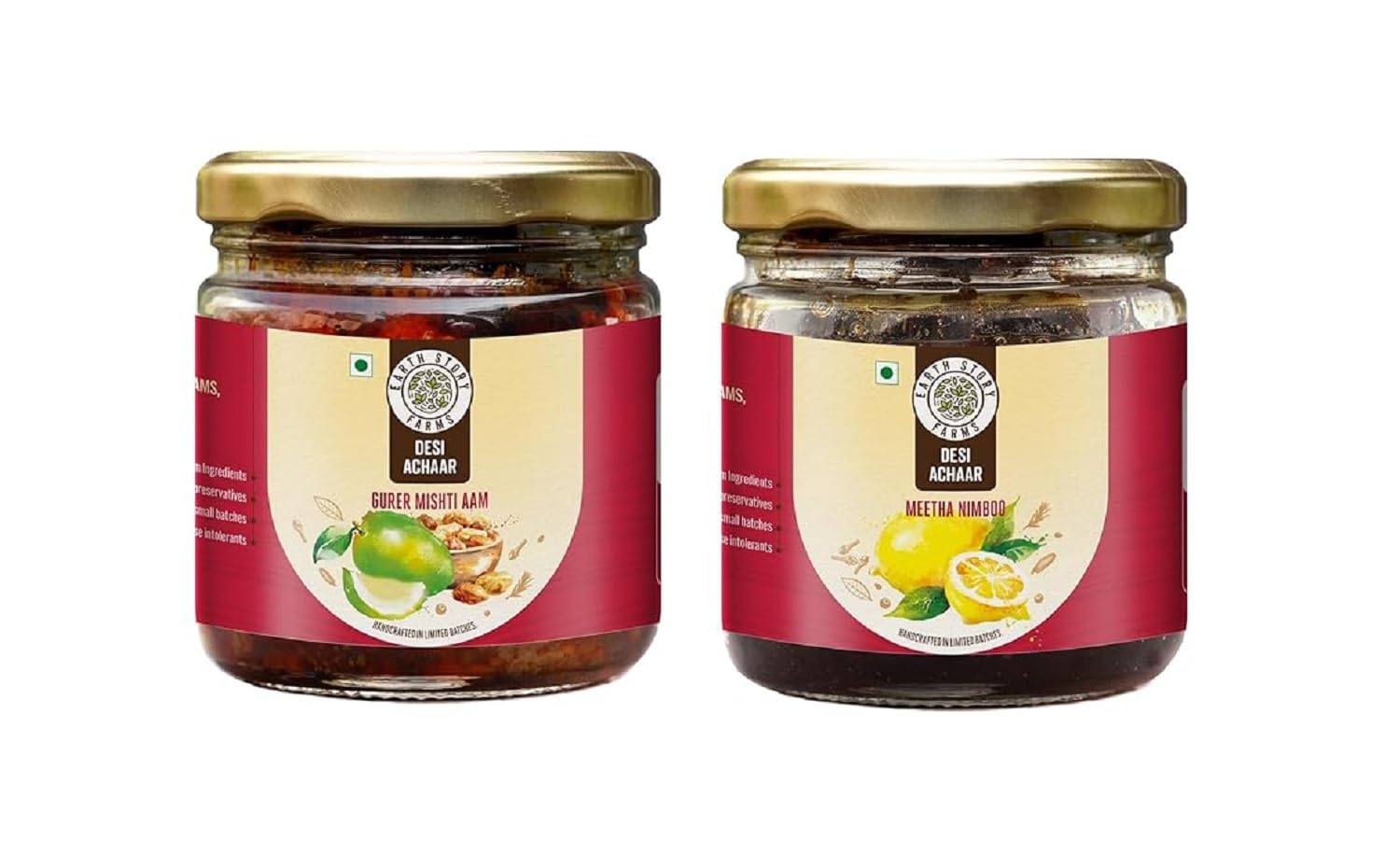 Earth Story Farms Sweet Mango Pickle with Jaggery | Gur er Mishti Aam 200gm | Sweet Lemon Pickle 200gm | Meetha Nimboo Ka Achar | Homemade Recipe & Taste Combo Pack