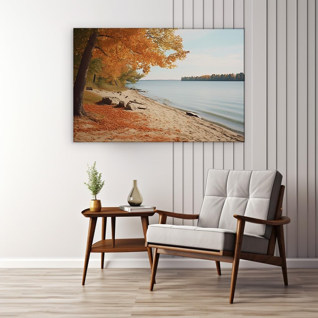 Canvas for Living room. Autumn Serenity by the Lakeside: A Tapestry of Vivid Fall Hues and Calming Blue Waters, 27 x 18 inch Canvas Wall Art - Contemporary Masterpieces - Modern Home Decor