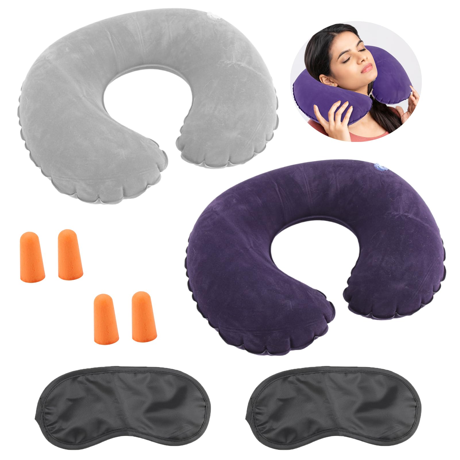 2 PCS Inflatable Airplane Pillow, Neck Rest Pillow for Travel Compact Portable Head and Neck Support Pillows with 2 Sets Earplugs Eye Mask Ergonomic Design for Sleeping Rest for Home Camping Travel