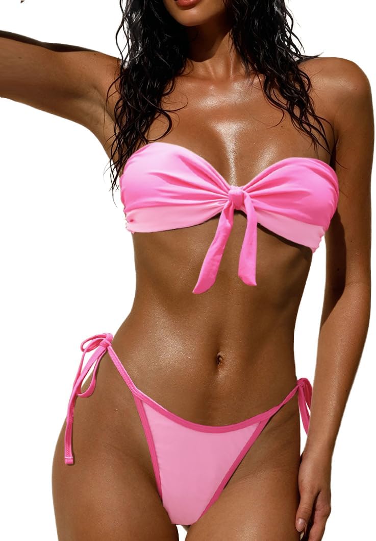 HYPERFIRE Women's Strapless Bandeau Bikini Set, Knot Side Tie Thong Two Piece Cheeky Swimsuit
